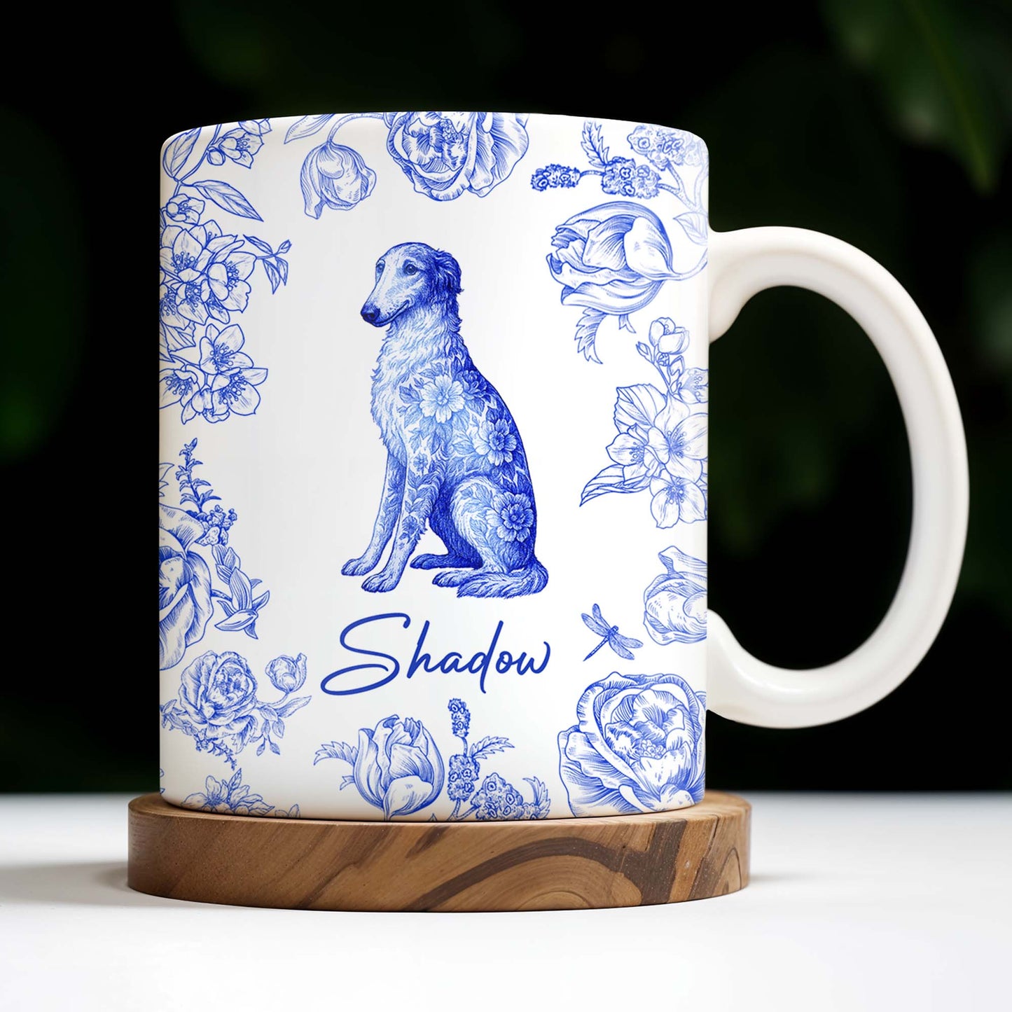 Tasse à café personnalisée avec motif floral bleu pour chien - DOG050_MG