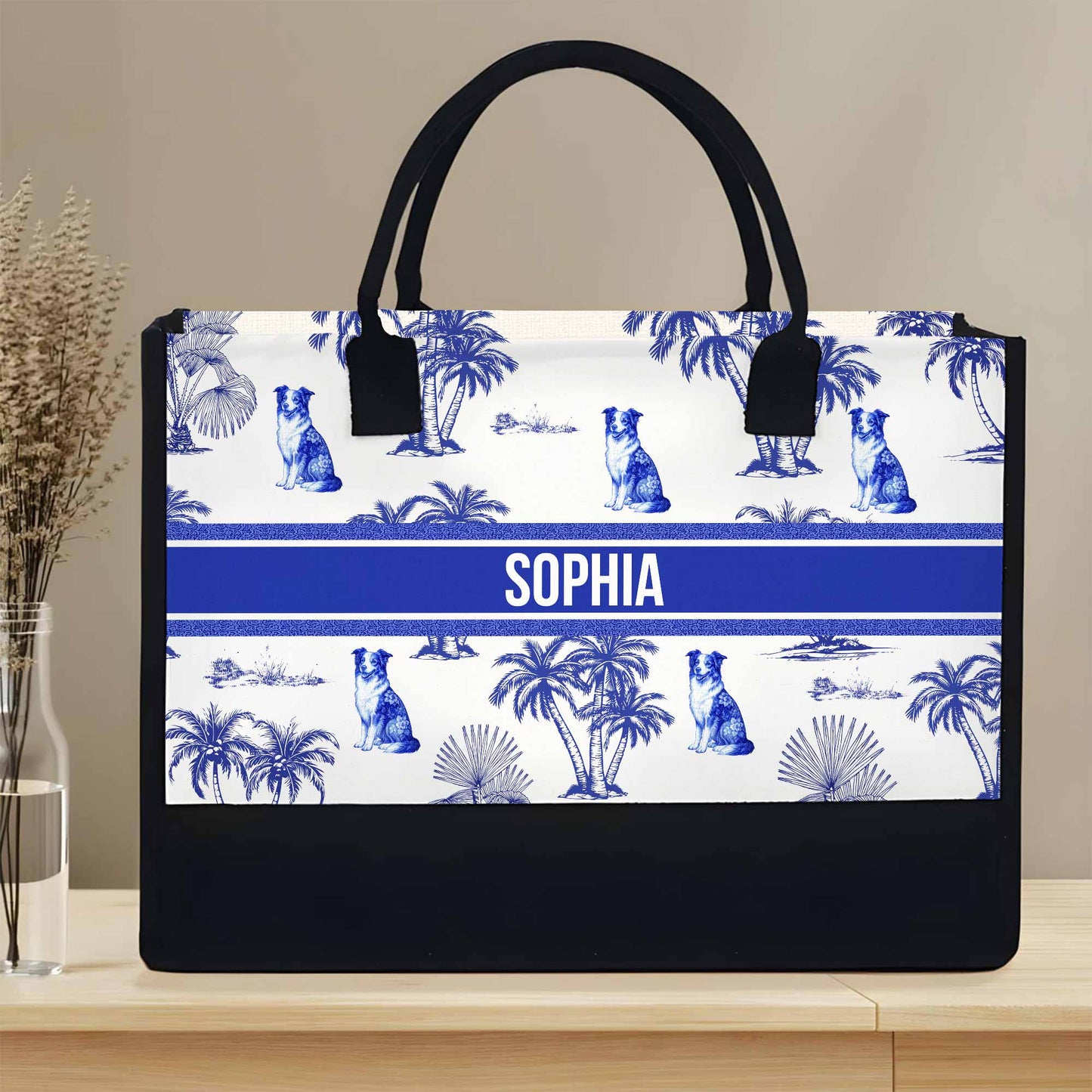 Personalized Tropical And Dog Themed Tote Bag With Palm Trees - Personalized Canvas Tote Bag - DOG051_CTOT