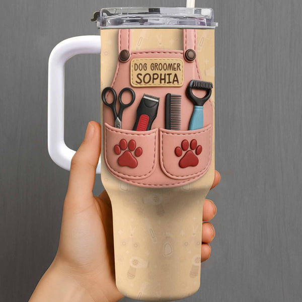 Regalo para peluquero canino con herramientas de aseo y huellas de patas - Vaso personalizado de 40 oz con pajita - DOG063_TBS