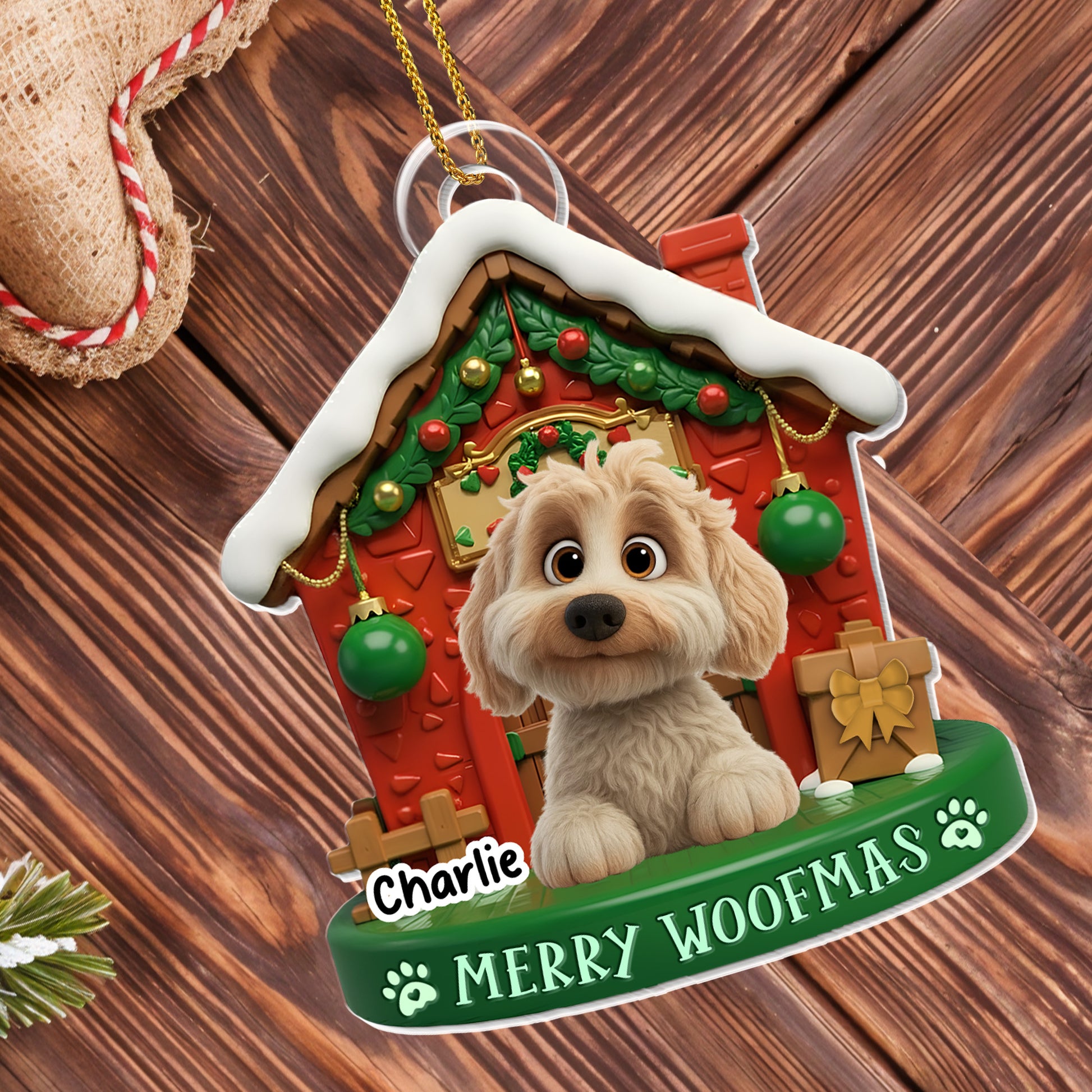 Merry Woofmas With Cute Dog In Decorated Doghouse