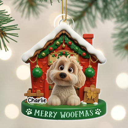 Merry Woofmas With Cute Dog In Decorated Doghouse