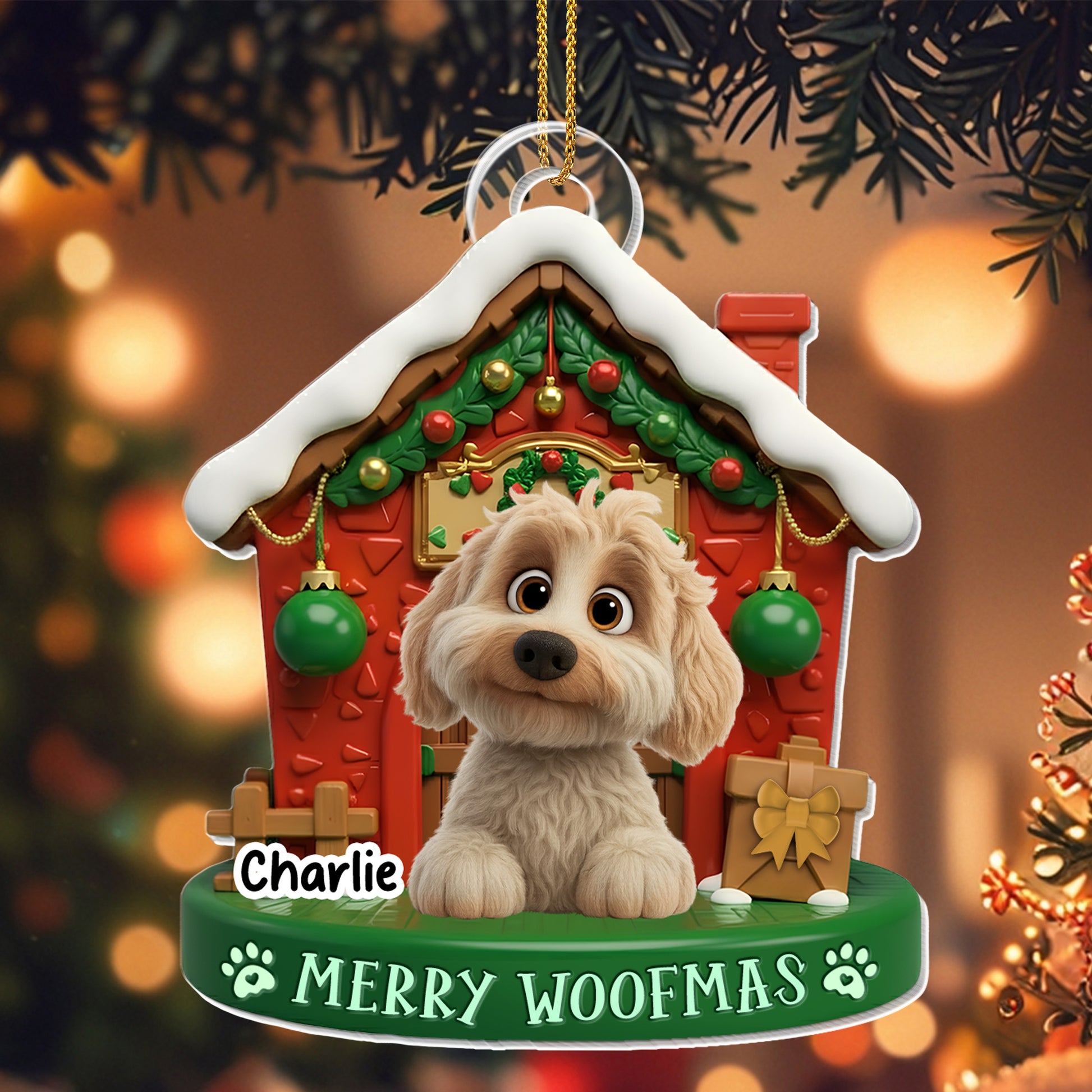 Merry Woofmas With Cute Dog In Decorated Doghouse