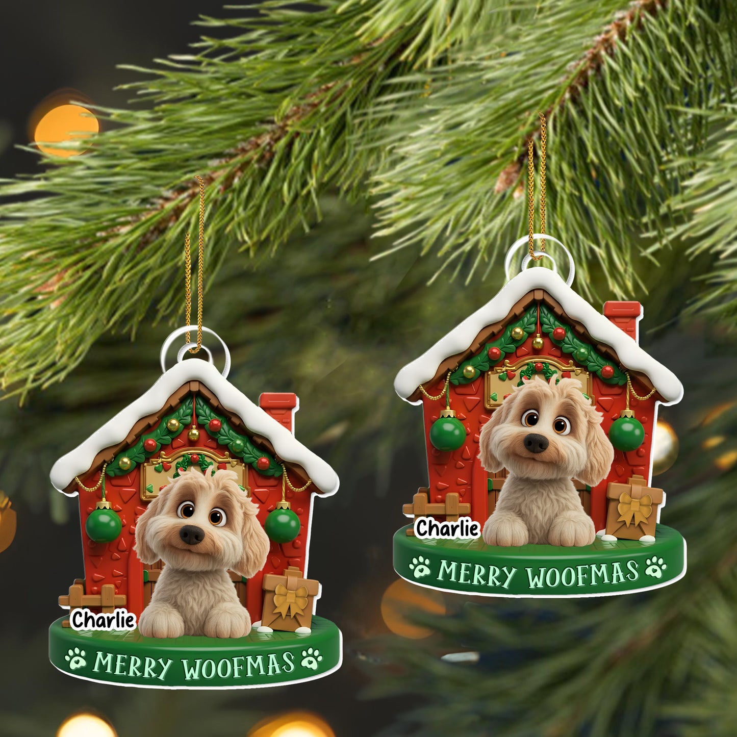 Merry Woofmas With Cute Dog In Decorated Doghouse