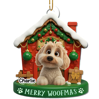 Merry Woofmas With Cute Dog In Decorated Doghouse