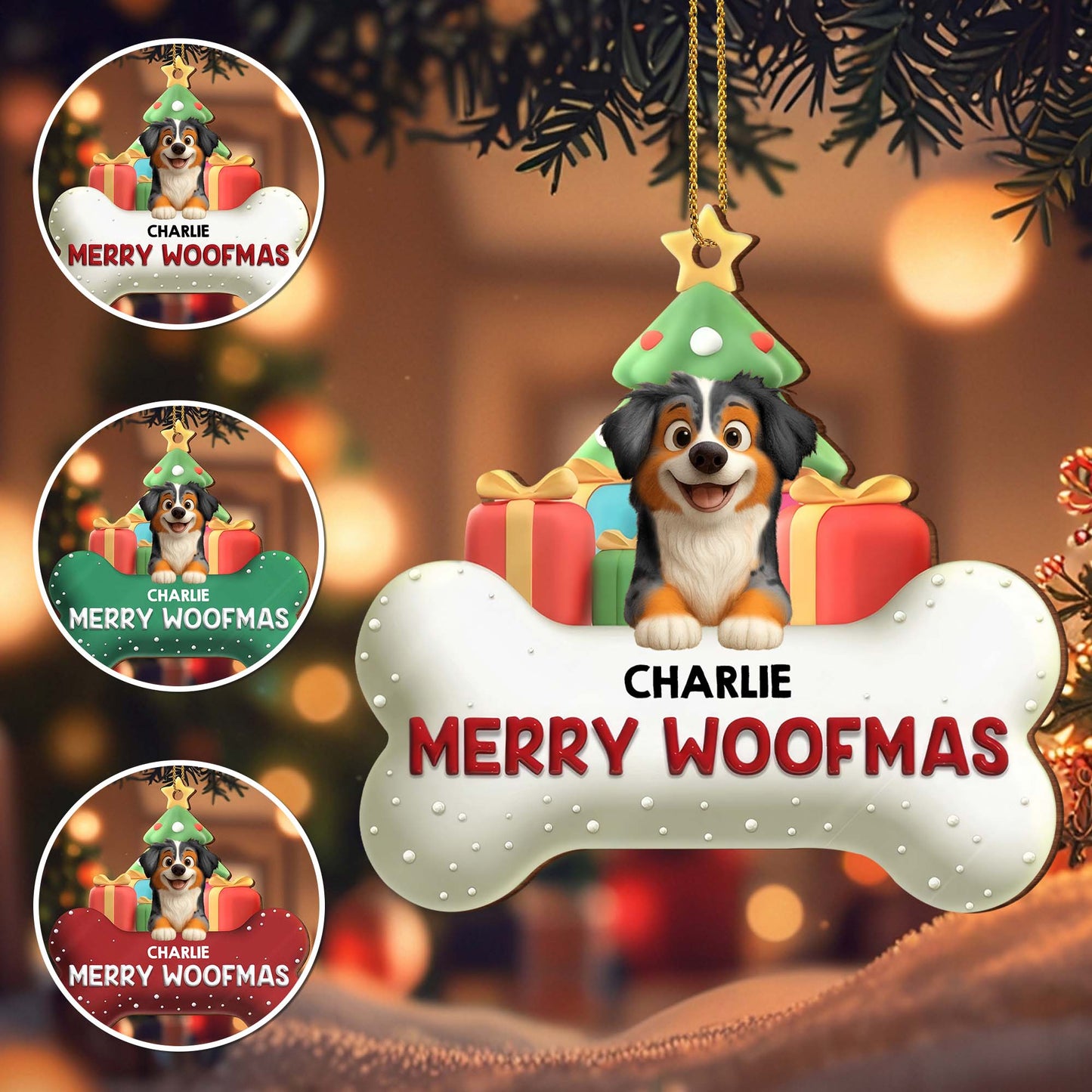 Merry Woofmas With Dog, Christmas Tree And Gifts