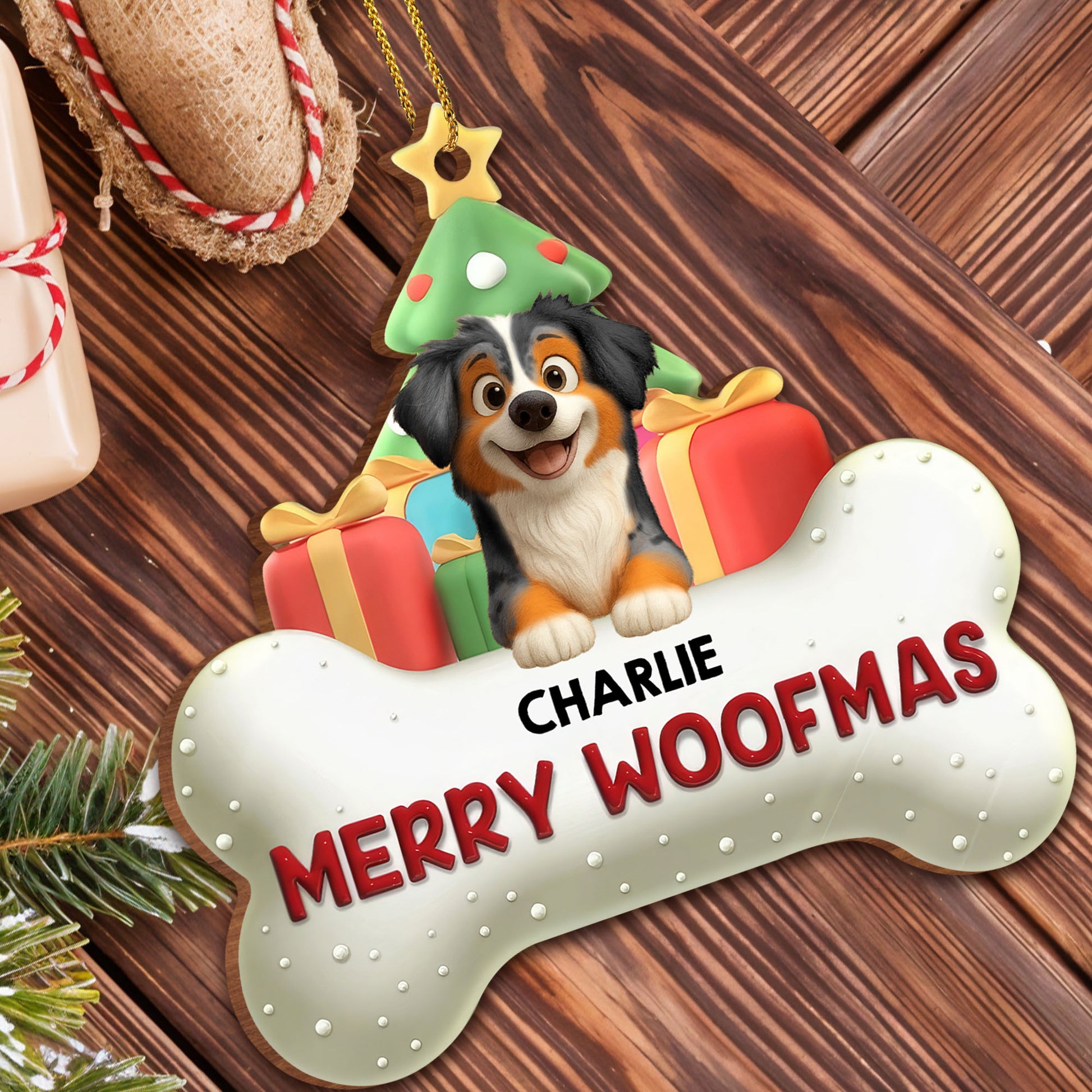 Merry Woofmas With Dog, Christmas Tree And Gifts