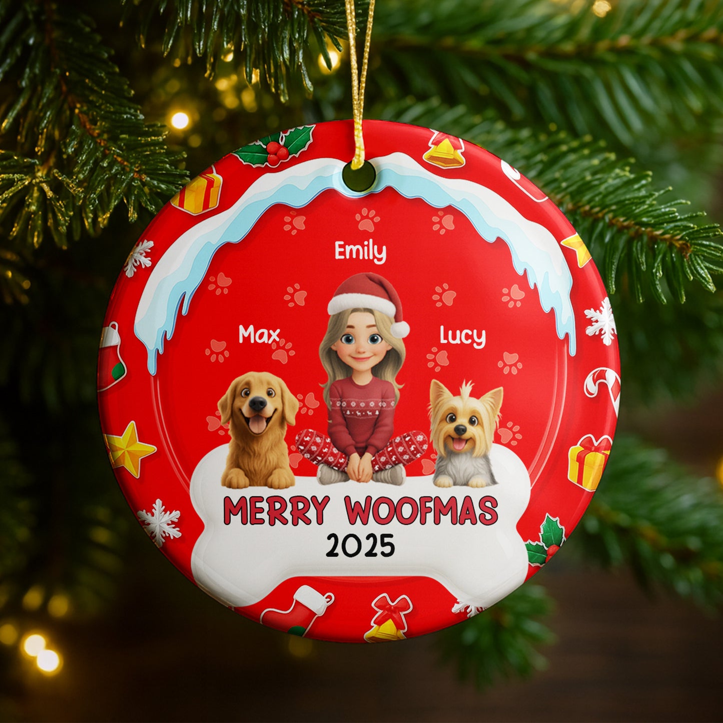 Merry Woofmas With A Girl And Cheerful Dogs