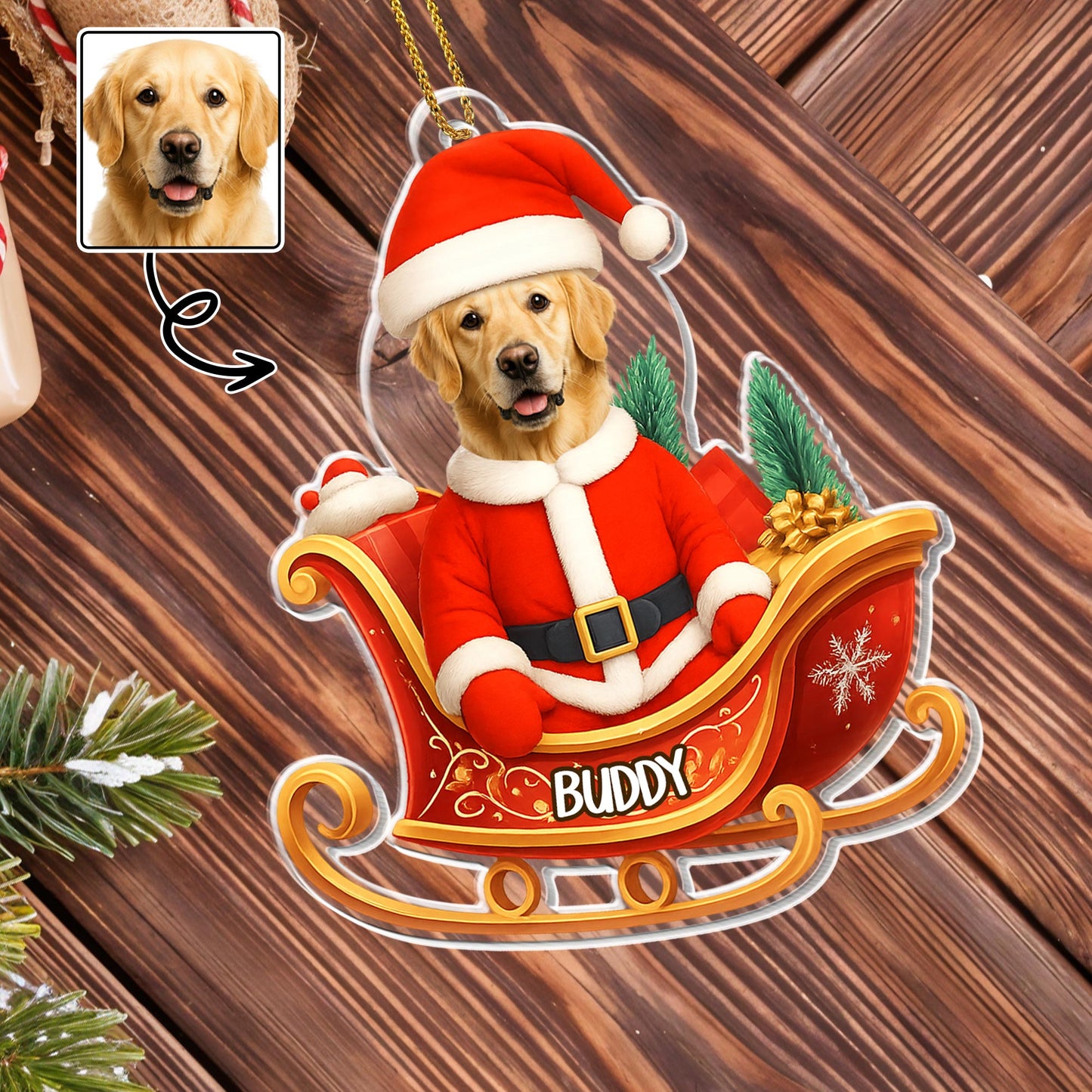 Santa Dog In Sleigh Christmas Ornament