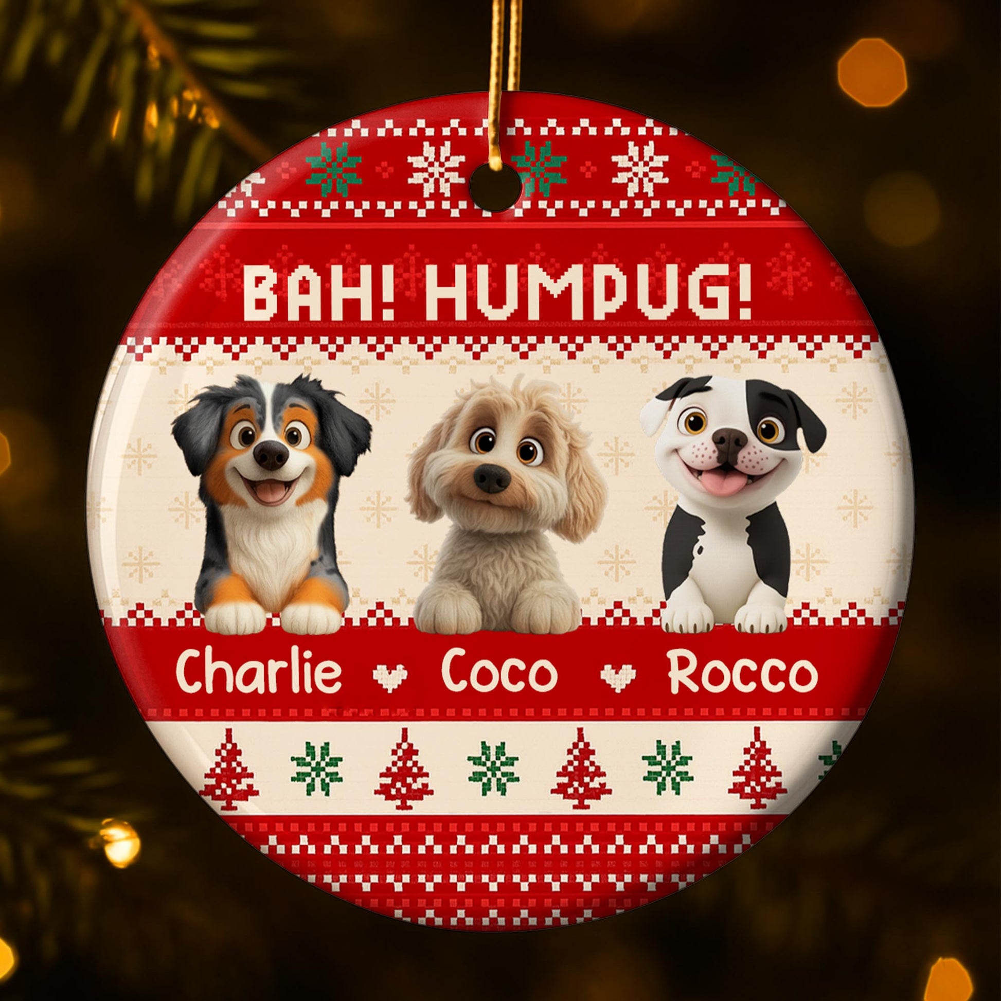 Bah Humpug With Dogs, Christmas Trees And Snowflakes