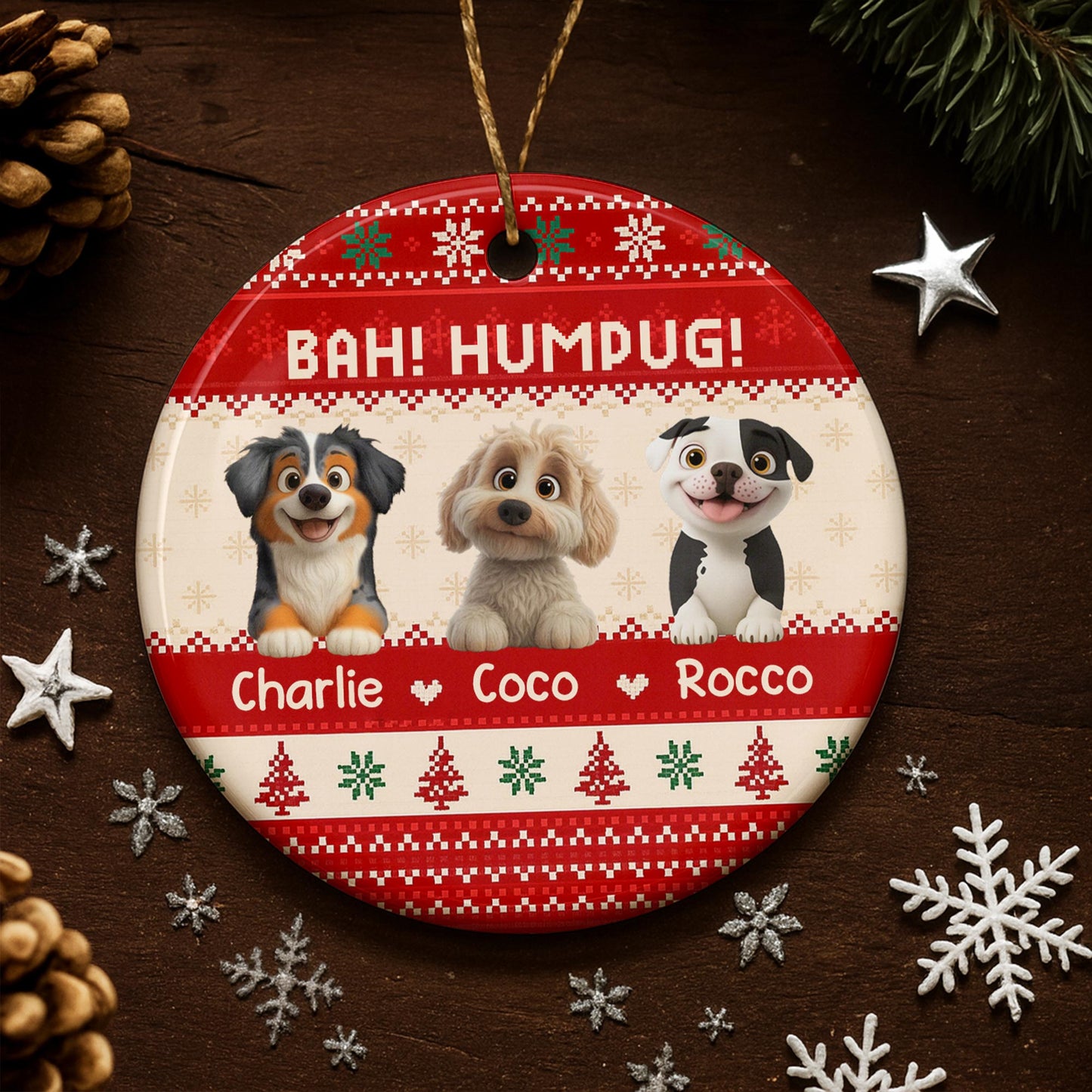 Bah Humpug With Dogs, Christmas Trees And Snowflakes
