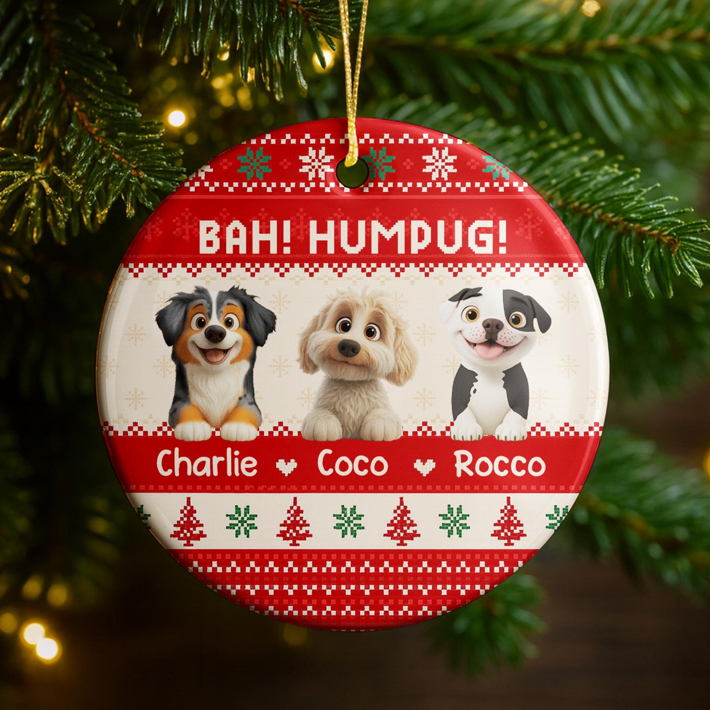 Bah Humpug With Dogs, Christmas Trees And Snowflakes