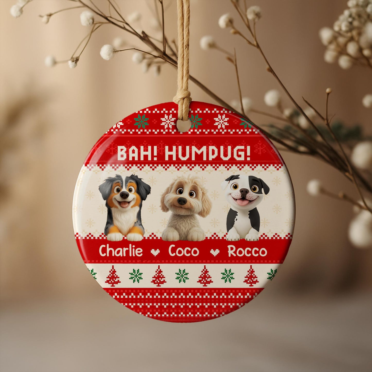 Bah Humpug With Dogs, Christmas Trees And Snowflakes