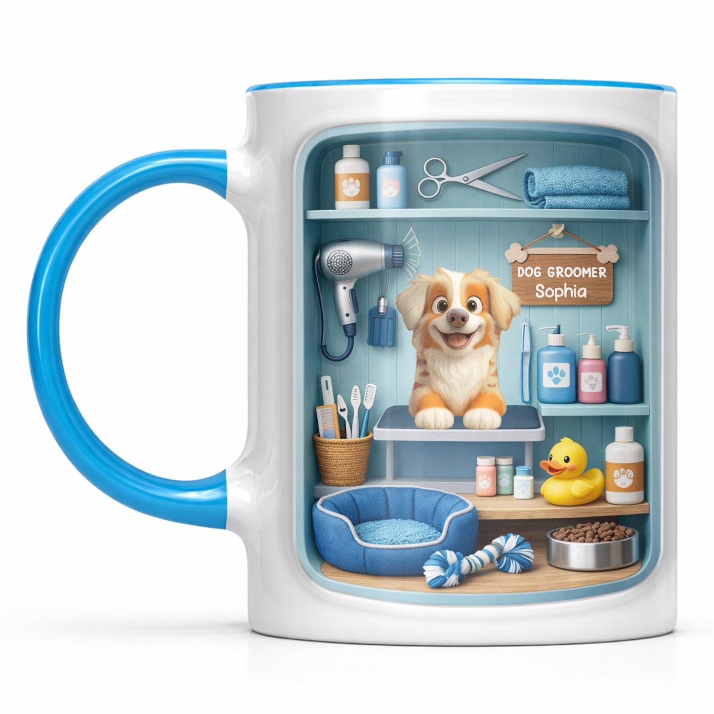 Dog Groomer With Adorable Puppy And Grooming Tools Design