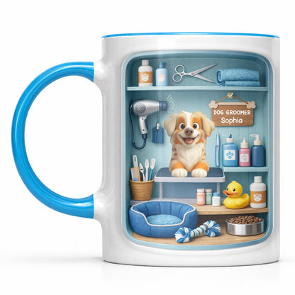 Dog Groomer With Adorable Puppy And Grooming Tools Design