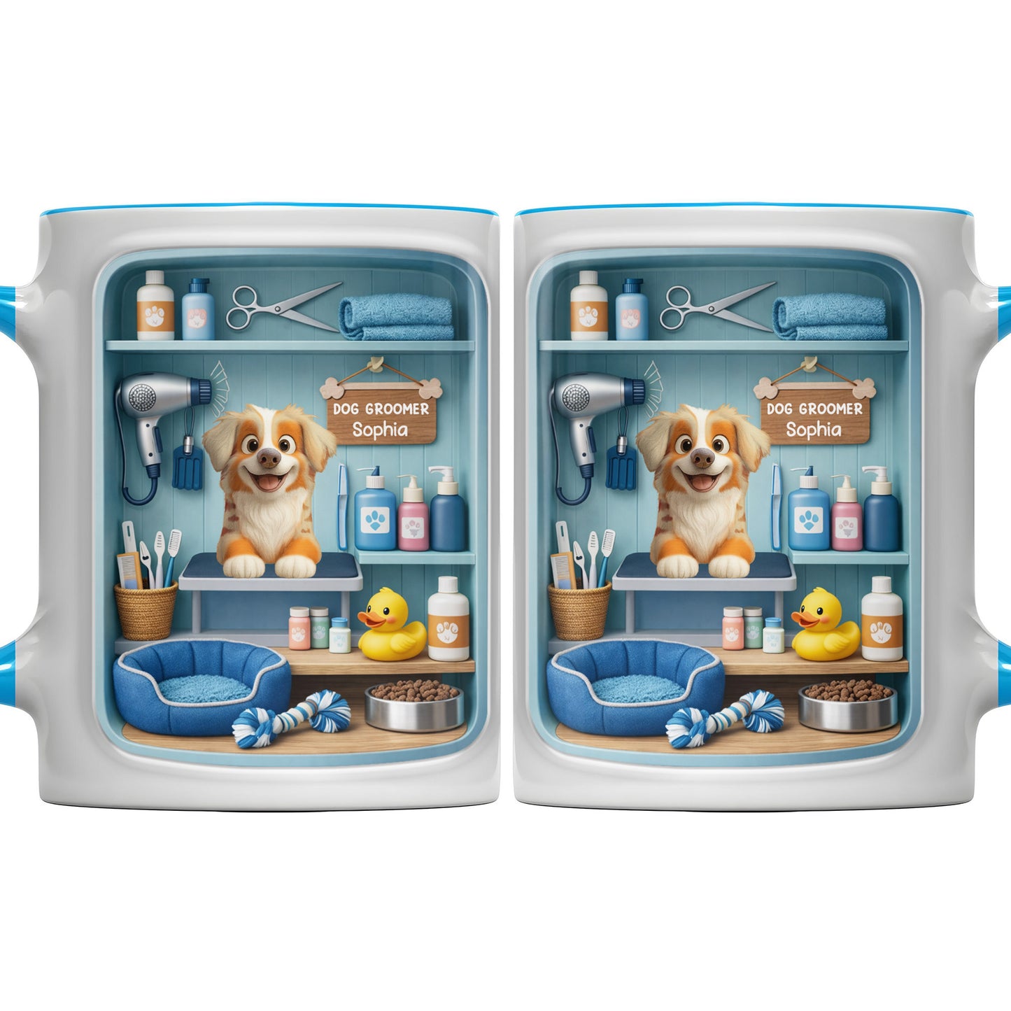 Dog Groomer With Adorable Puppy And Grooming Tools Design