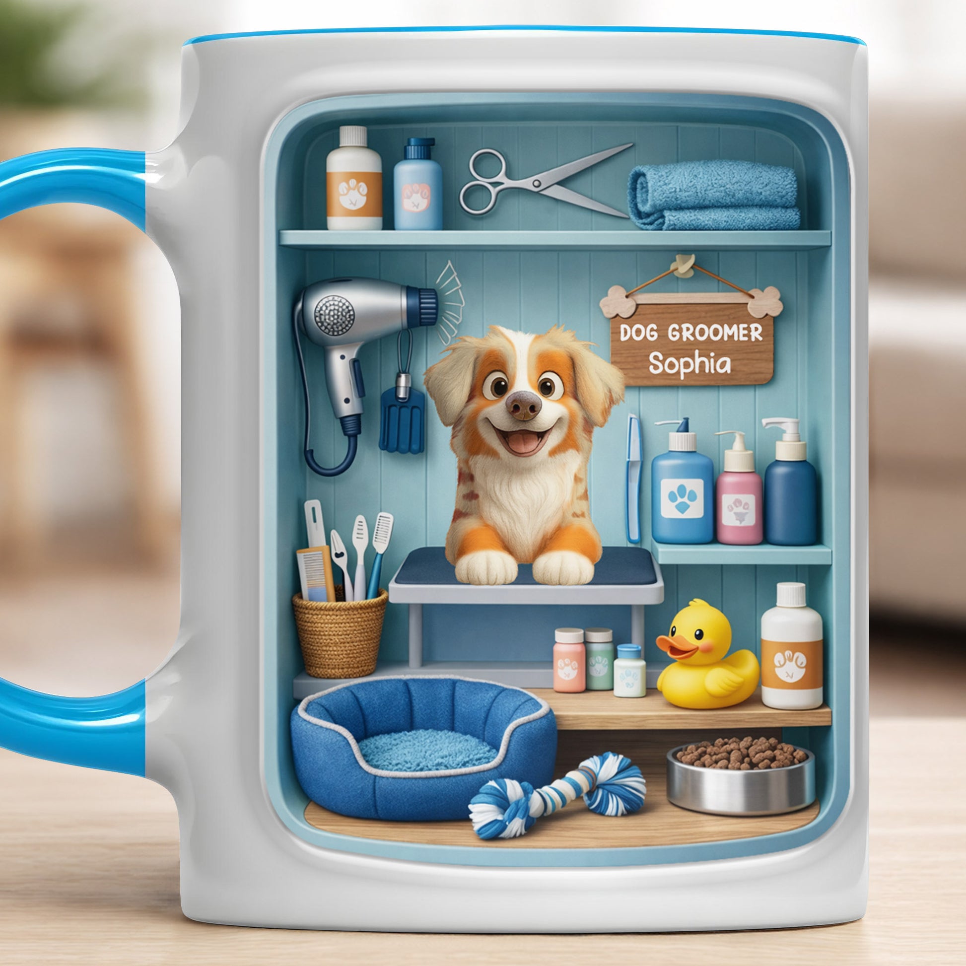 Dog Groomer With Adorable Puppy And Grooming Tools Design