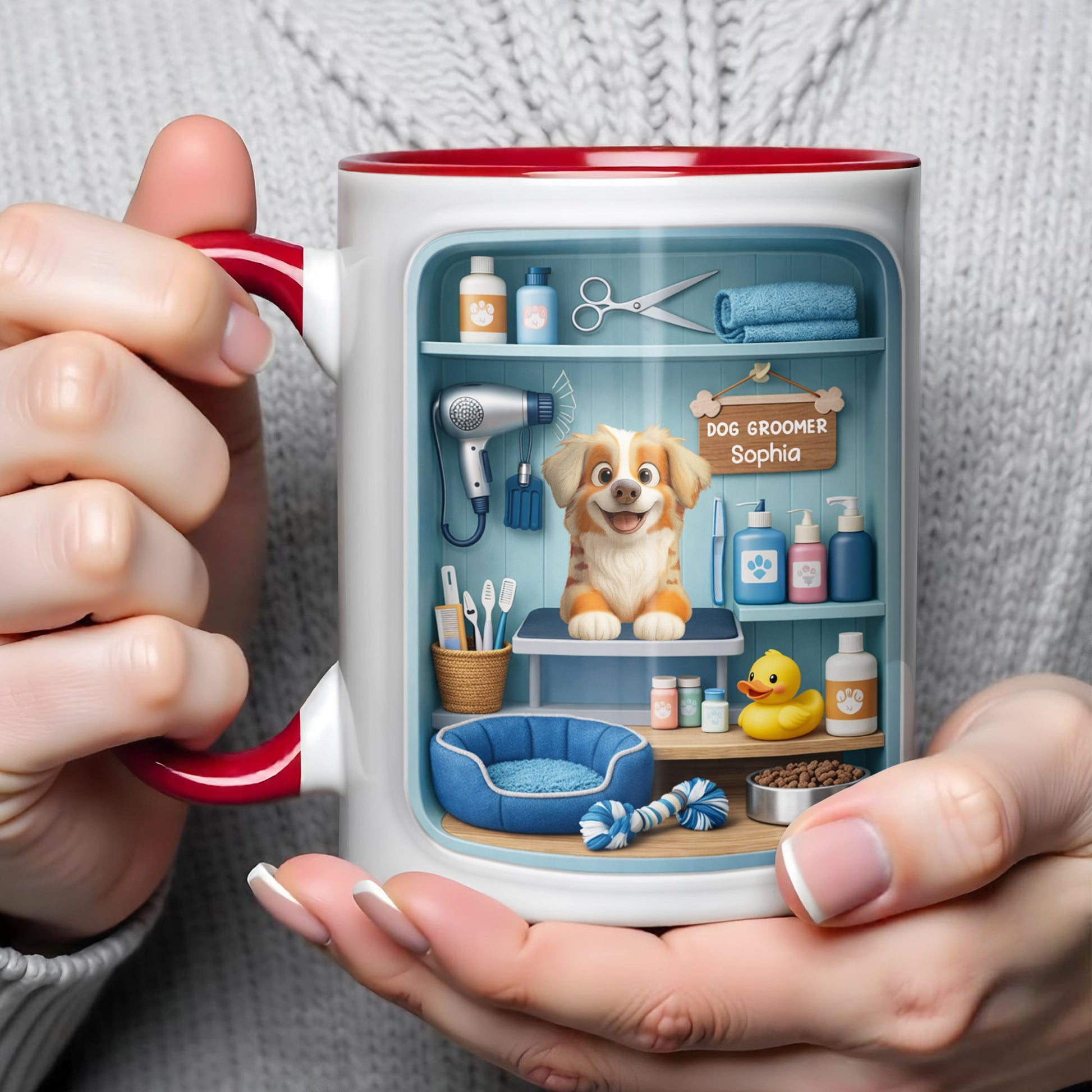 Dog Groomer With Adorable Puppy And Grooming Tools Design