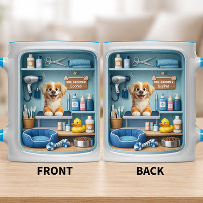 Dog Groomer With Adorable Puppy And Grooming Tools Design