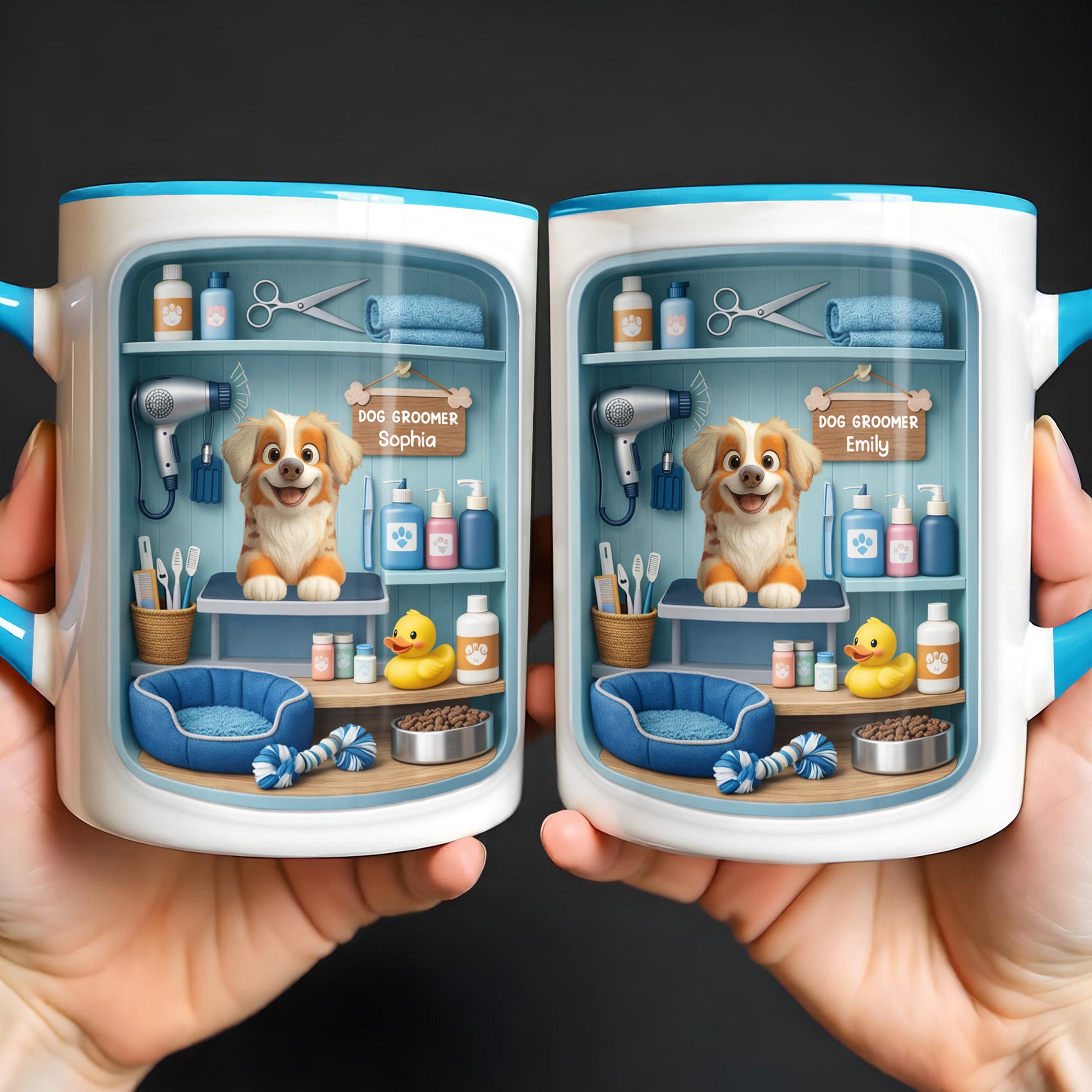 Dog Groomer With Adorable Puppy And Grooming Tools Design