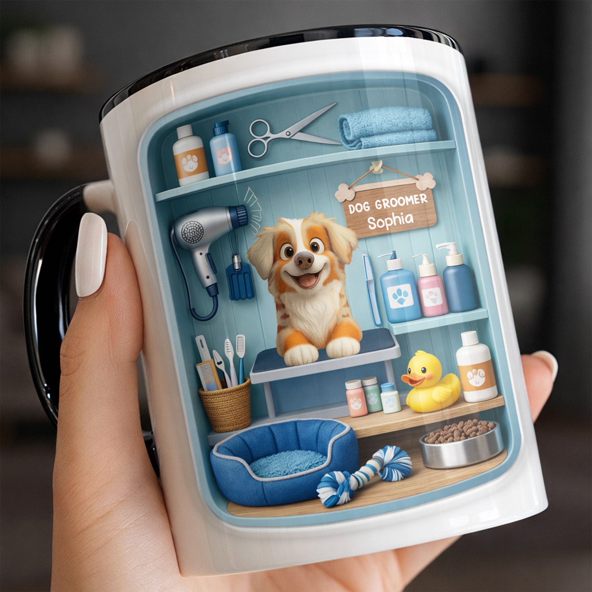 Dog Groomer With Adorable Puppy And Grooming Tools Design