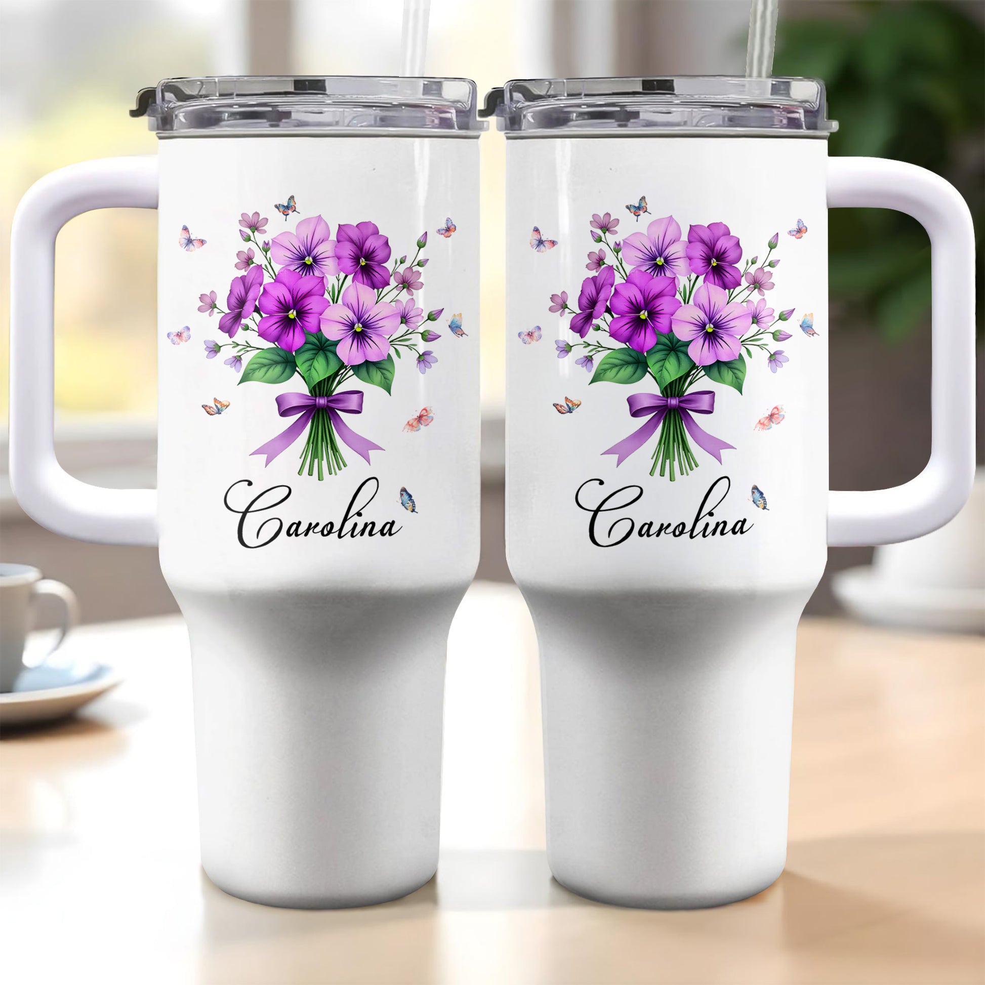 Vibrant Floral Design Tumbler With Butterflies And Elegant Ribbons