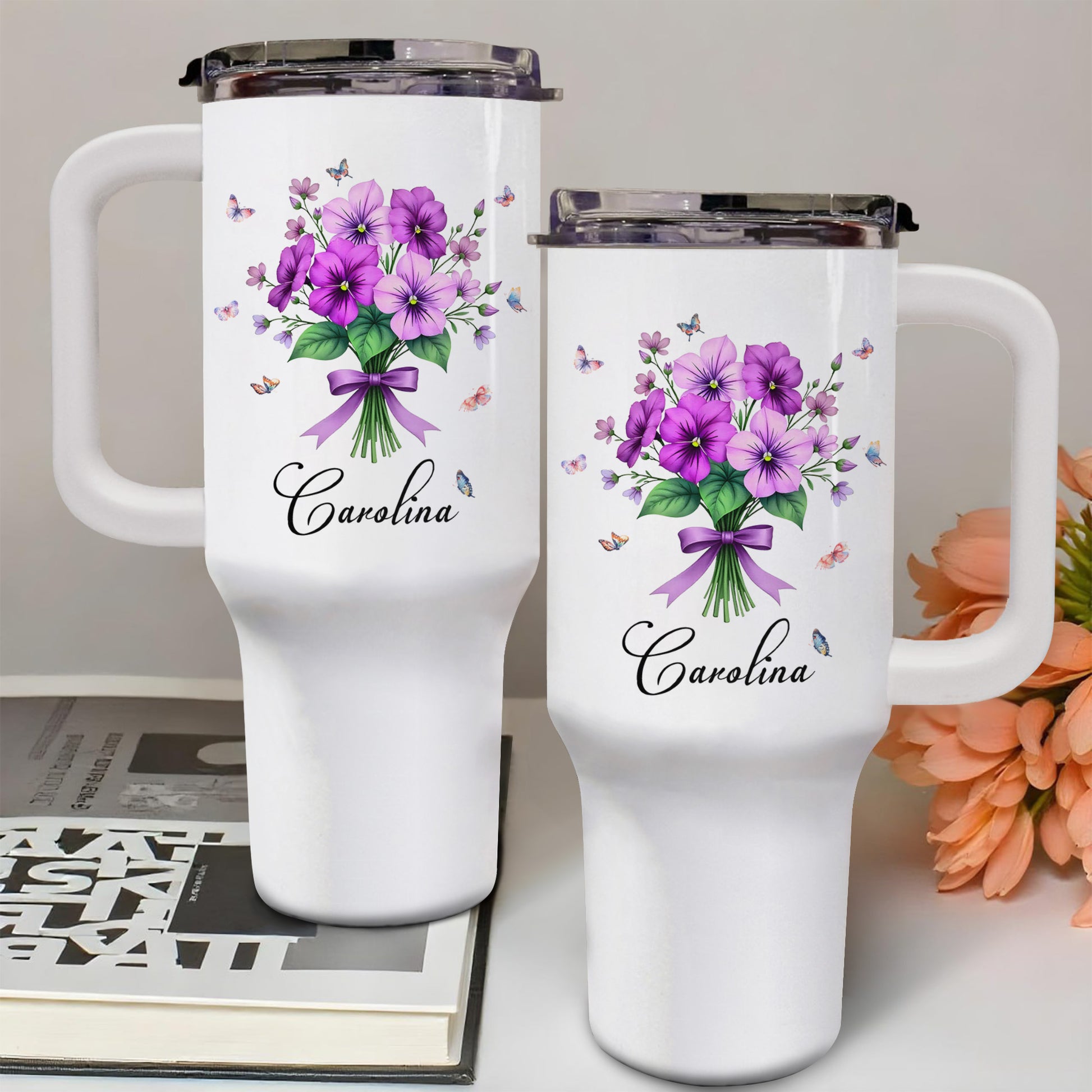 Vibrant Floral Design Tumbler With Butterflies And Elegant Ribbons
