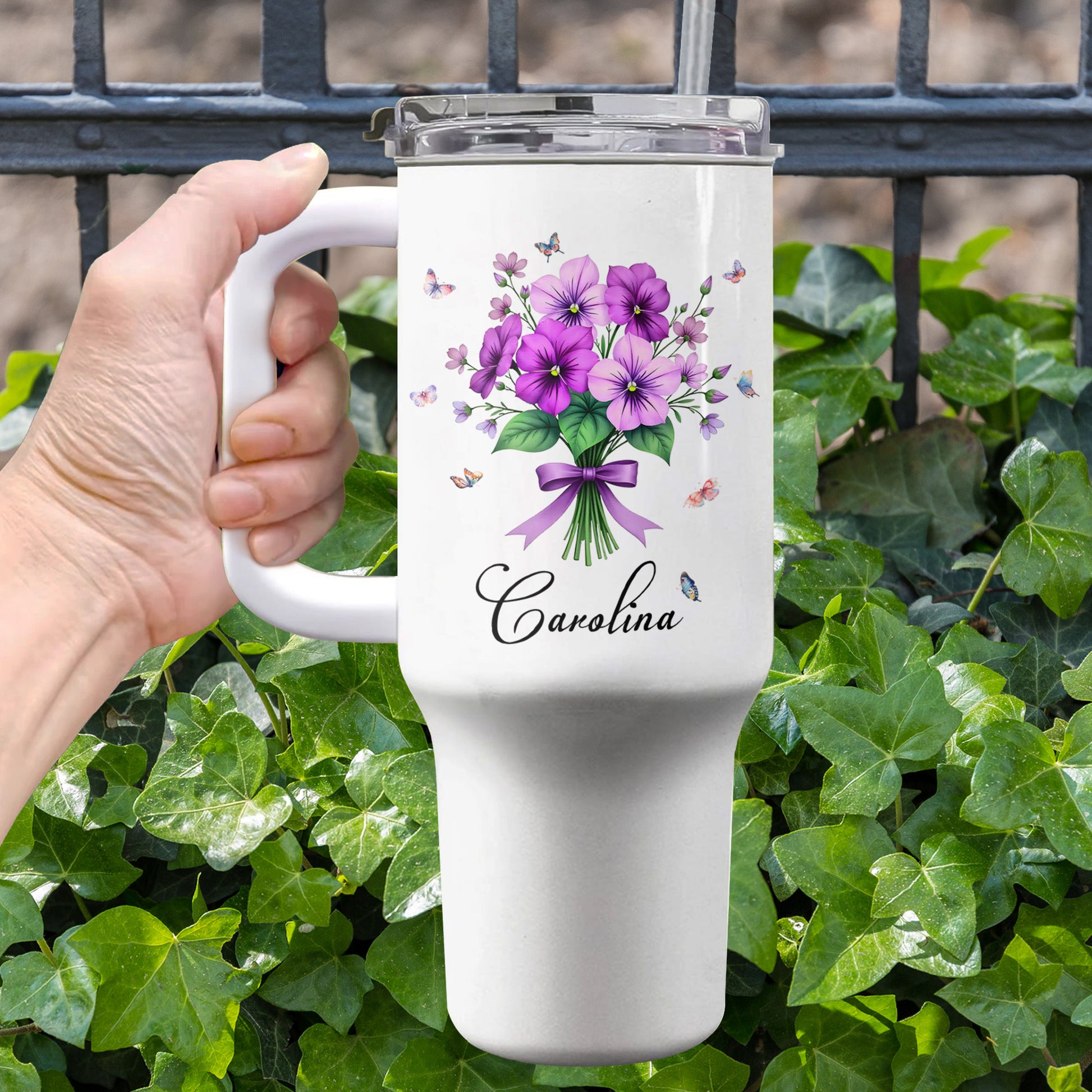 Vibrant Floral Design Tumbler With Butterflies And Elegant Ribbons