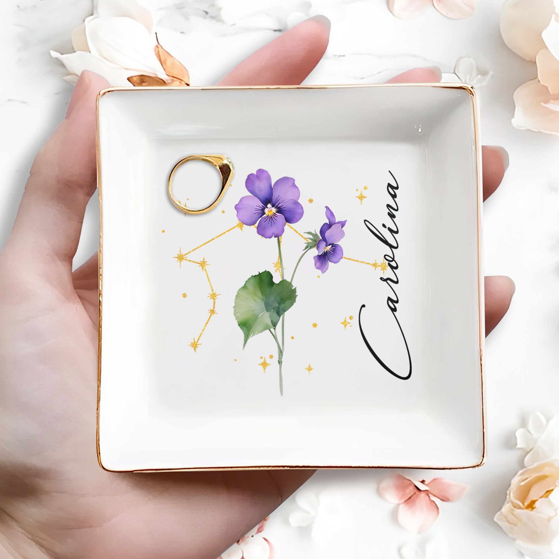 Colorful Flowers With Constellation Design Personalized Dish