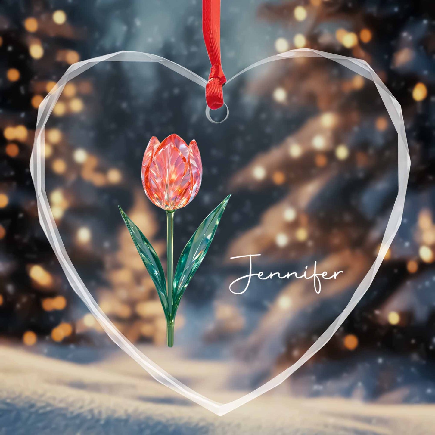 A Beautiful Touch Featuring A Graceful Tulip - Personalized Heart Glass Ornament - DTG053_HEGOR