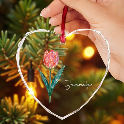 A Beautiful Touch Featuring A Graceful Tulip - Personalized Heart Glass Ornament - DTG053_HEGOR