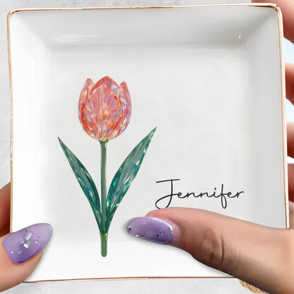 Elegantly Personalized Tulip Design Jewelry Dish - Personalized Custom Jewelry Dish, Square Ceramic Dish - DTG054_SCRD
