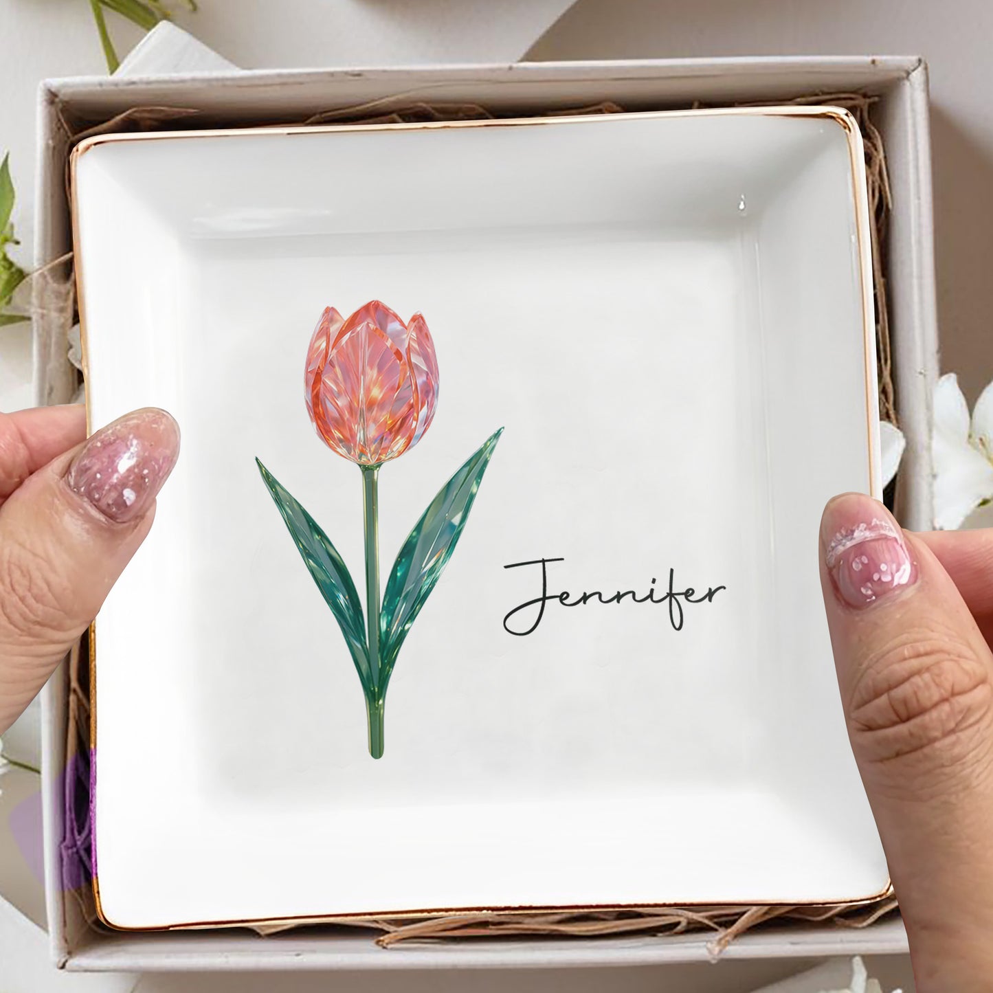 Elegantly Personalized Tulip Design Jewelry Dish - Personalized Custom Jewelry Dish, Square Ceramic Dish - DTG054_SCRD
