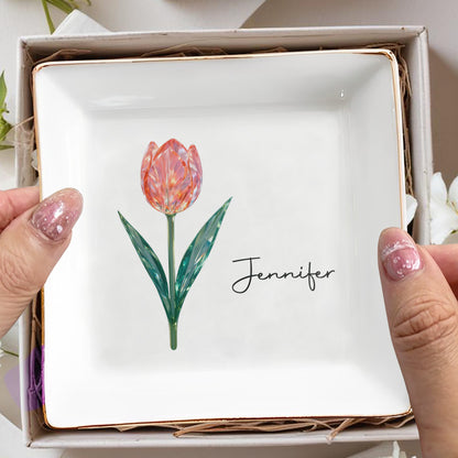 Elegantly Personalized Tulip Design Jewelry Dish - Personalized Custom Jewelry Dish, Square Ceramic Dish - DTG054_SCRD