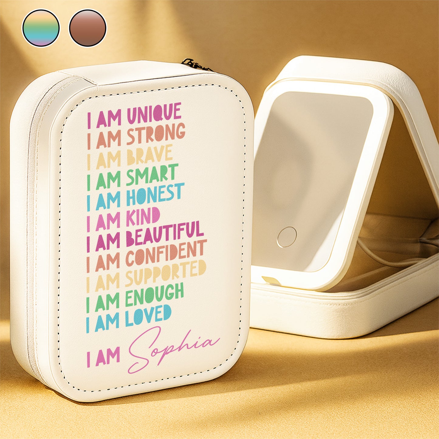I Am Unique, I Am Strong, Motivational Phrases - Personalized Custom Jewelry Box With LED Mirror - DTG058_LEBOX