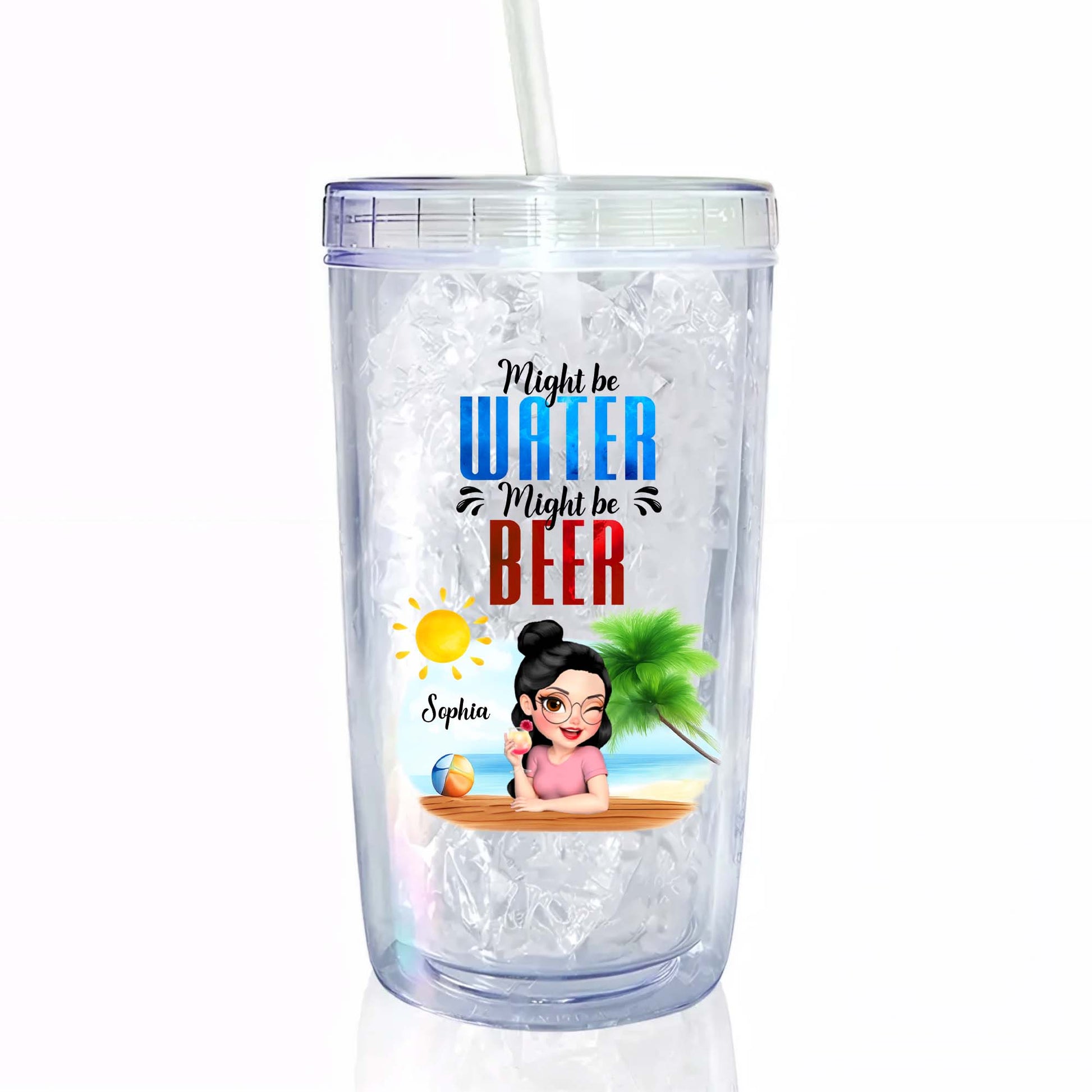 Might Be Water Might Be Coffee With Cartoon Woman And Beach Theme
