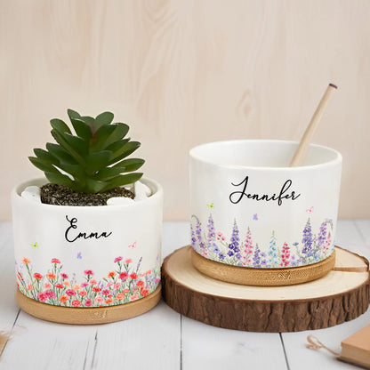 Garden Of Love And Blooming Flowers With Custom Birth Month Flowers - Personalized Ceramic Plant Pot - DTG092_CEP