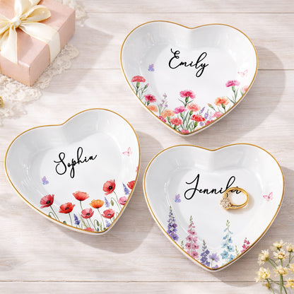 A Beautiful Bloom Custom Name Flowers And Butterflies - Personalized Custom Jewelry Dish, Ceramic Dish, Heart Shape - DTG092_HCRF