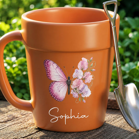 Where Life Plants You, Bloom With Grace Butterfly And Birth Month Flowers - Personalized Plant Pot Ceramic Mug - DTG119_PLACEM