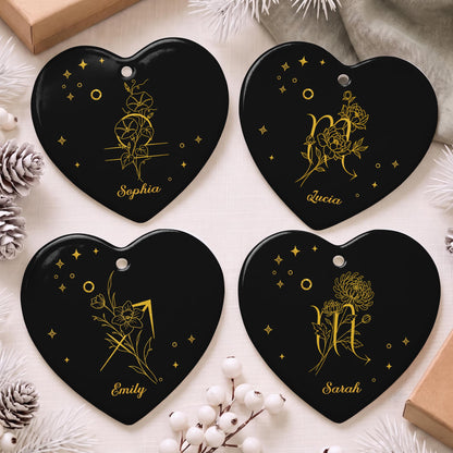 Zodiac Virgo Sign With Birth Month Flowers And Stars - Personalized Custom Ceramic Ornament With Heart Shape - DTG170_HCE