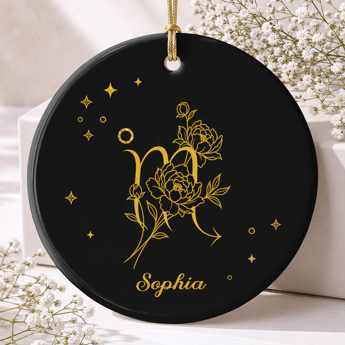 Zodiac Scorpio With Birth Month Flowers And Golden Stars - Personalized Custom Ceramic Ornament With Round Shape - DTG170_RCE