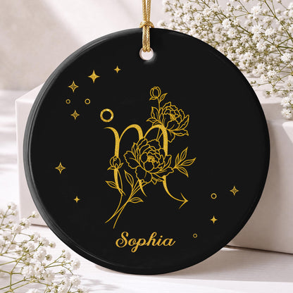 Zodiac Scorpio With Birth Month Flowers And Golden Stars - Personalized Custom Ceramic Ornament With Round Shape - DTG170_RCE