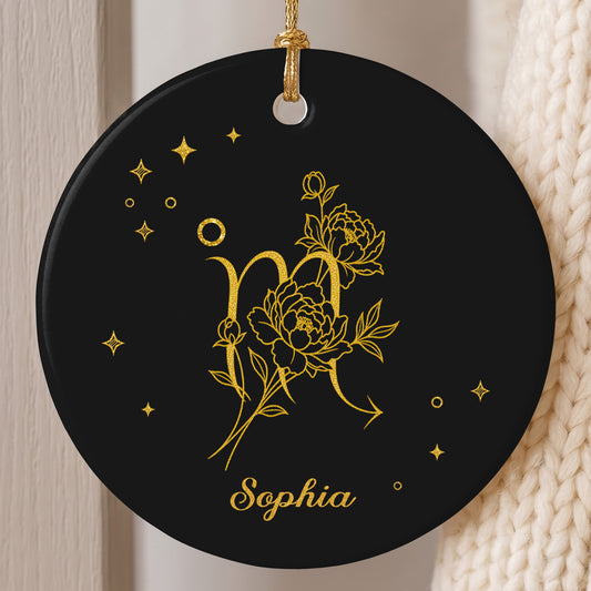 Zodiac Scorpio With Birth Month Flowers And Golden Stars - Personalized Custom Ceramic Ornament With Round Shape - DTG170_RCE