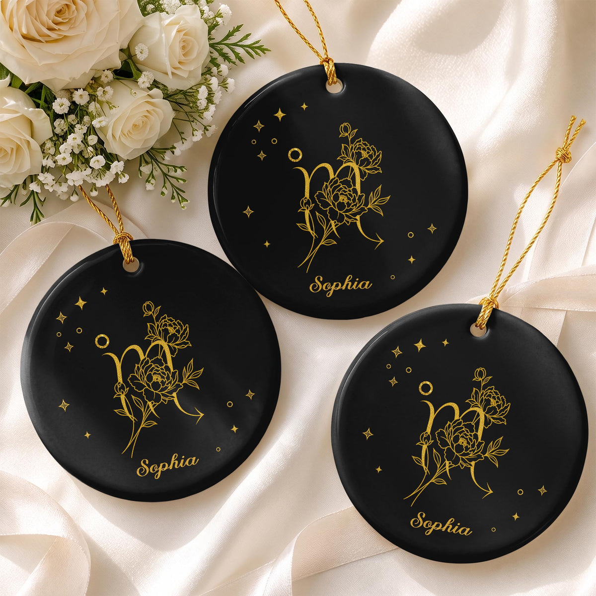 Zodiac Scorpio With Birth Month Flowers And Golden Stars - Personalized Custom Ceramic Ornament With Round Shape - DTG170_RCE
