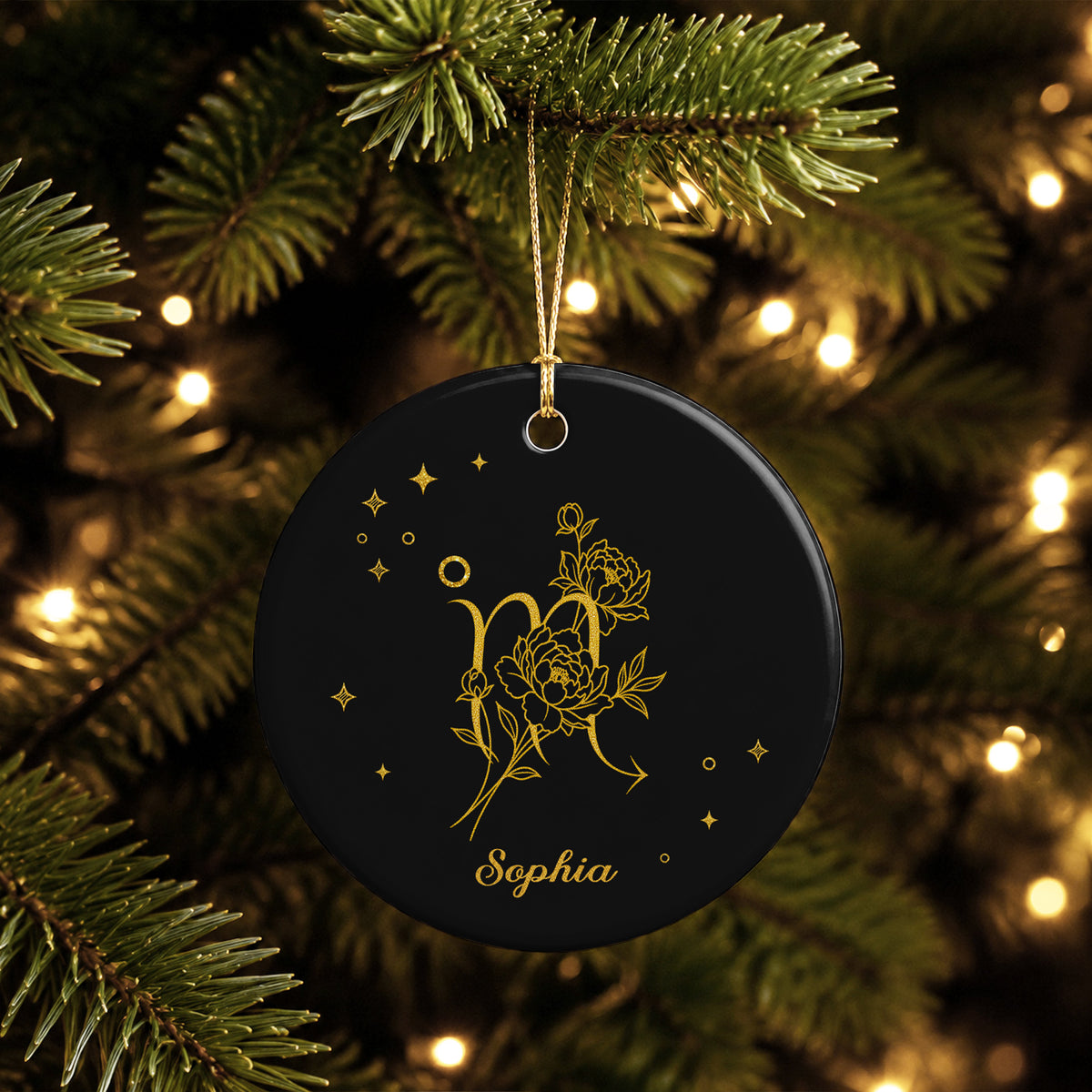 Zodiac Scorpio With Birth Month Flowers And Golden Stars - Personalized Custom Ceramic Ornament With Round Shape - DTG170_RCE