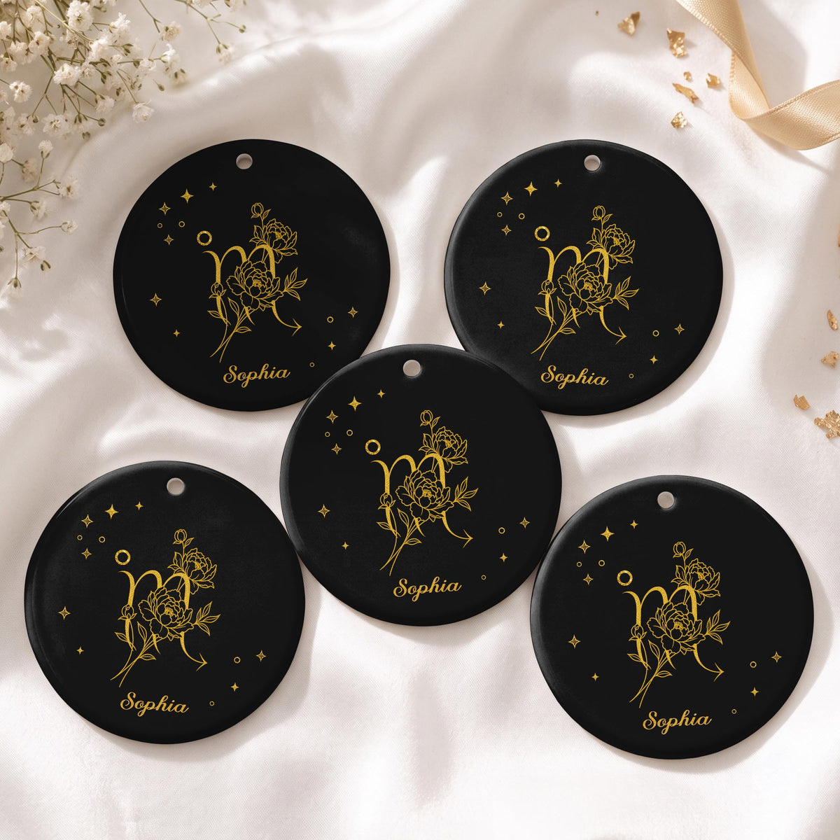 Zodiac Scorpio With Birth Month Flowers And Golden Stars - Personalized Custom Ceramic Ornament With Round Shape - DTG170_RCE
