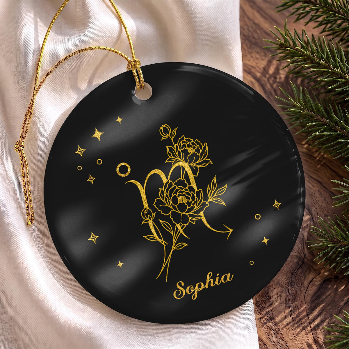 Zodiac Scorpio With Birth Month Flowers And Golden Stars - Personalized Custom Ceramic Ornament With Round Shape - DTG170_RCE