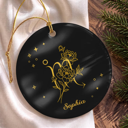 Zodiac Scorpio With Birth Month Flowers And Golden Stars - Personalized Custom Ceramic Ornament With Round Shape - DTG170_RCE