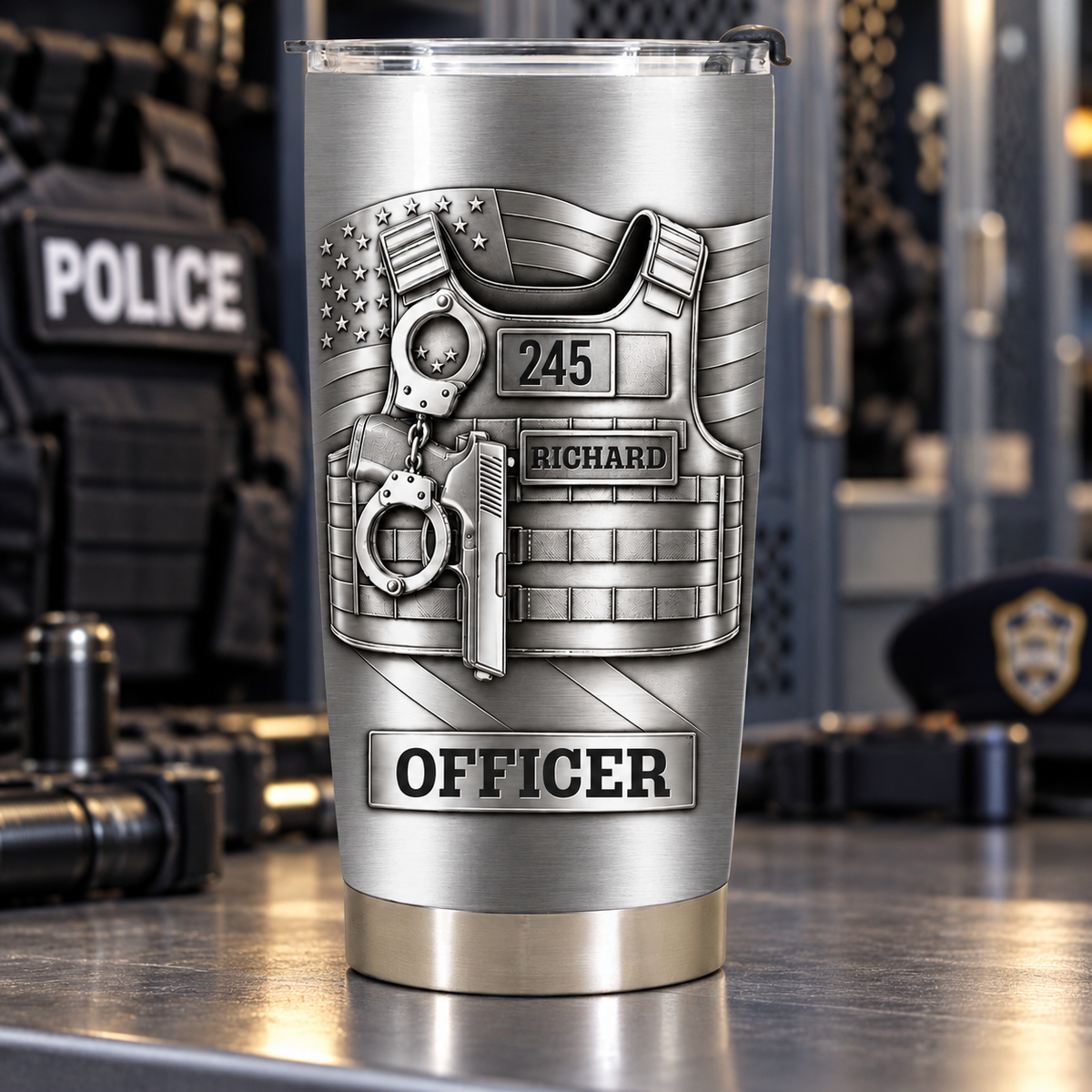Officer Police Vest With Handcuffs And Flag - Personalized Custom Stainless Steel Tumbler 20oz - OFC102_USTUM
