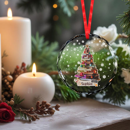 Merry Christmas Tree Of Books Glass Ornament