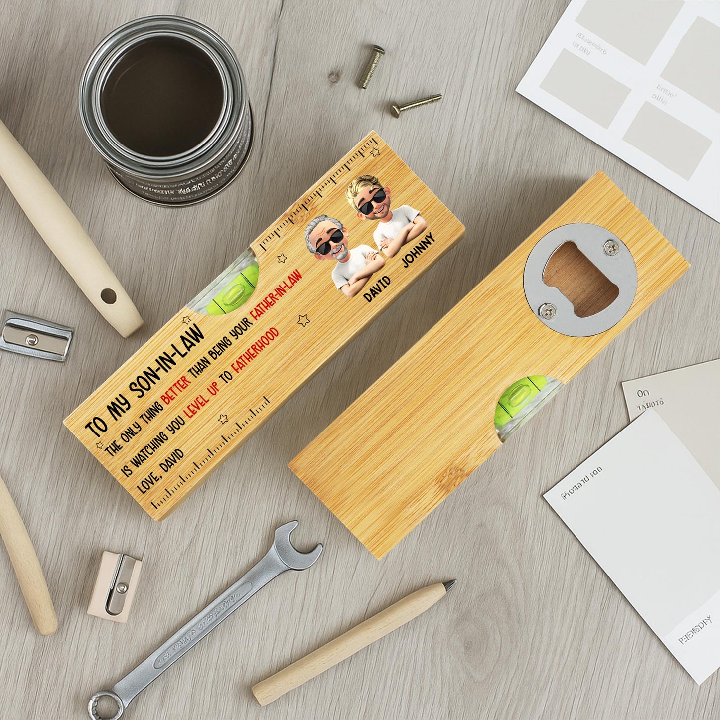 To My Son In Law, The Only Thing Better Than Being Your Father In Law - Personalized Wooden Spirit Level With Bottle Opener - FAM005_PLEV